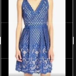 Adrianna Papell Blue Lace V-Neck Fit & Flare Dress Sz 10